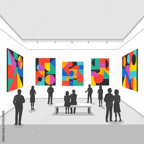 People admiring colorful abstract paintings in modern art gallery, enjoying the creative atmosphere and engaging with the artwork on display.