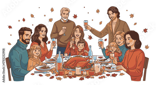 A multi-generational family gathers around a Thanksgiving dinner table, raising glasses in a toast.