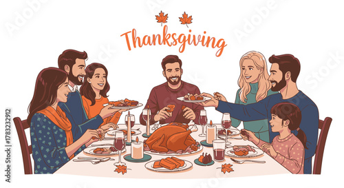 A large, happy family gathers around a festive dinner table to celebrate the Thanksgiving holiday.