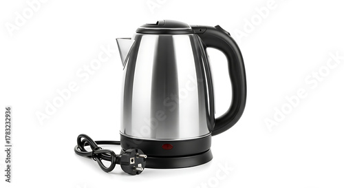 Sleek stainless steel electric kettle with a black handle, base, and power cord, isolated on a white background, perfect for boiling water quickly in any modern kitchen