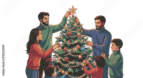 A family decorates a Christmas tree together, filled with ornaments and lights, celebrating the holiday season.