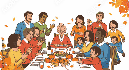 A large, multi-generational, and diverse family joyfully celebrating Thanksgiving dinner together around a festive table with autumn leaves.