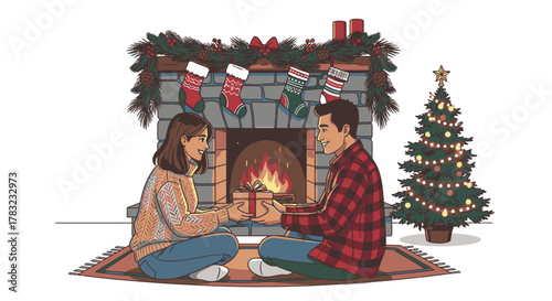 Couple exchanging a gift in front of a fireplace at Christmas.