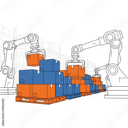 Robotic arms lifting boxes in warehouse, showcasing automated logistics and supply chain management, emphasizing efficiency and modern technology.