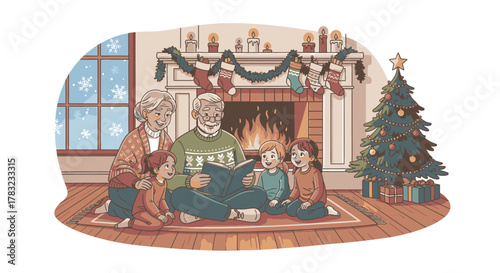 Grandparents reading a Christmas story to their grandchildren by a cozy fireplace with a decorated tree.
