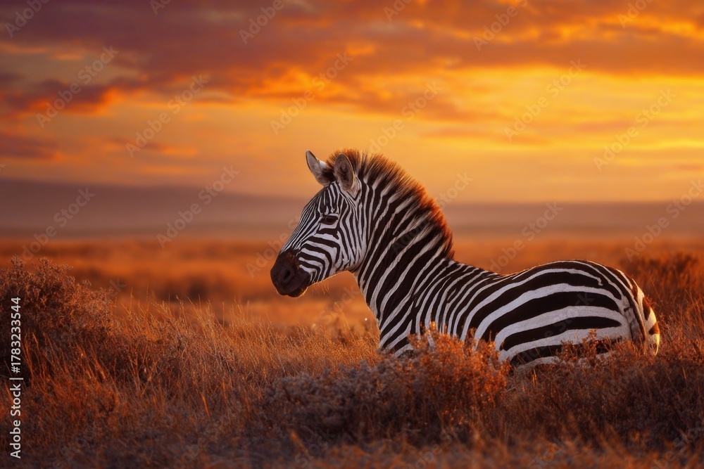 Fototapeta premium Zebra resting peacefully in the tranquil stretch of a national park savannah during a glorious sunset