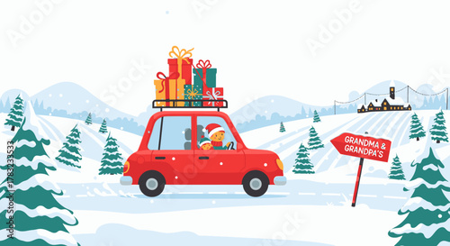 A red car with Christmas presents on the roof drives through a snowy landscape to visit grandparents for the holidays.