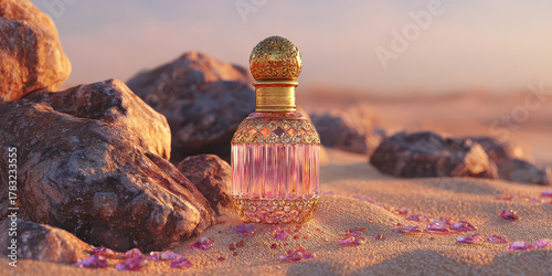 Luxury arabic perfume bottle in serene desert sand at sunset
