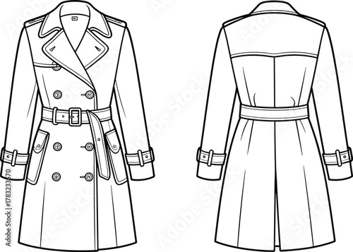 Trench coat cad drawing flat vector illustration, front and back view, double-breasted design, epaulettes, belted waist, technical fashion sketch