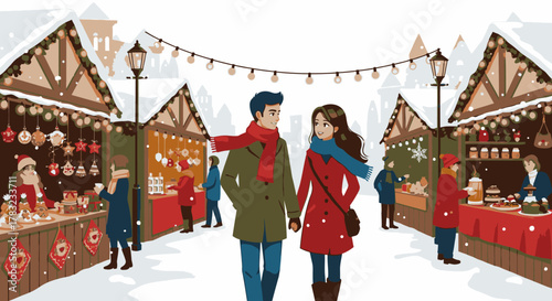 A couple walks hand-in-hand through a festive outdoor Christmas market with decorated stalls and falling snow.