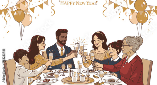 Family celebrating New Year's Eve, toasting with champagne around a festive dinner table.