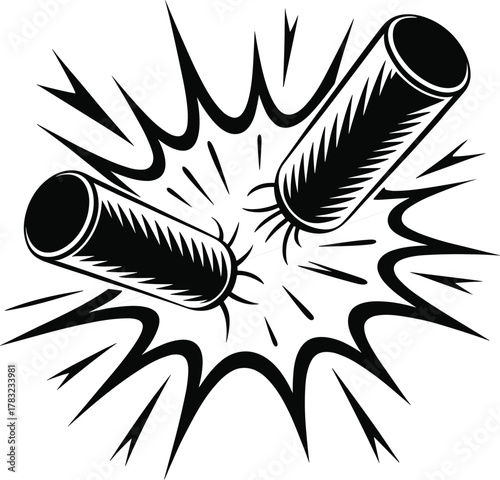 Black and white illustration of two broken pipes exploding