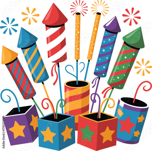 Colorful fireworks rockets and sparklers exploding with stars