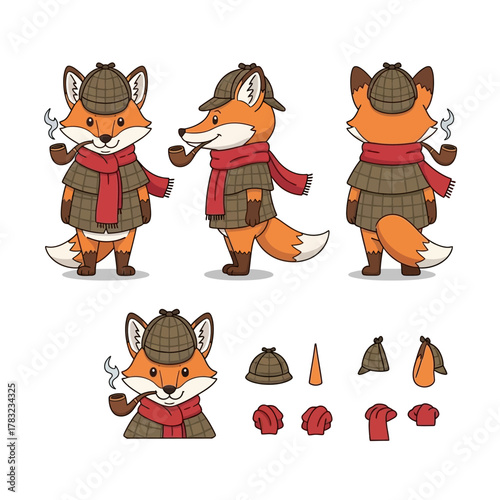 A cute cartoon fox character dressed as a detective, wearing a deerstalker hat, tweed jacket, red scarf, and smoking a pipe, shown from multiple angles with separate accessory elements.