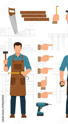 A detailed illustration of a carpenter holding tools with various hand gestures and workshop equipment.