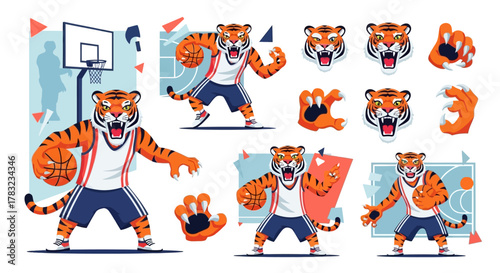 A collection of tiger mascot illustrations playing basketball, showcasing different poses, expressions, and actions on the court.