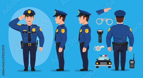 Cartoon illustration of a male police officer in uniform with various poses and police equipment.