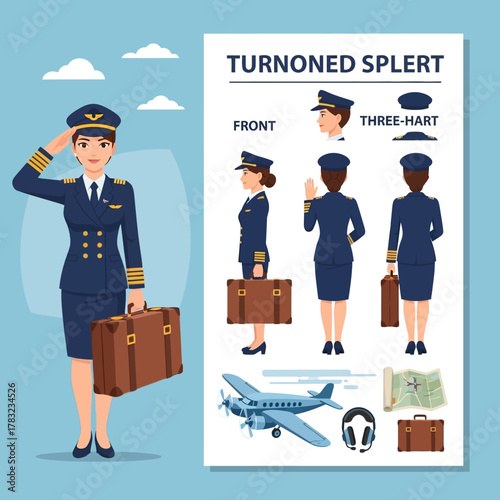 Illustration of a female pilot in uniform saluting with a suitcase, alongside a character sheet showing different views and related travel items.