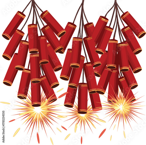 Red firecrackers with golden bands exploding with light