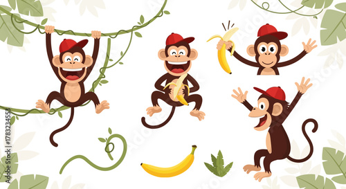 Four cheerful cartoon monkeys in red caps playing with bananas and vines.