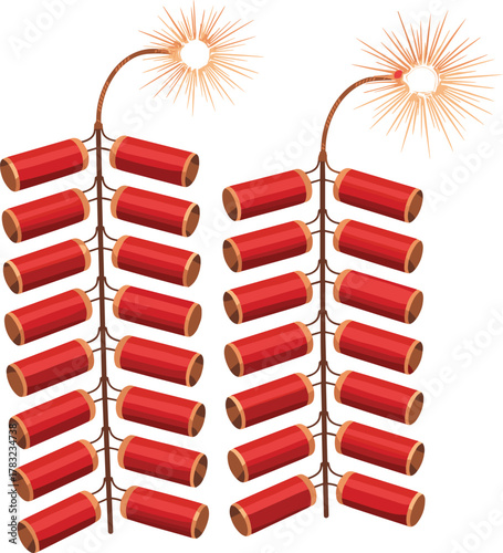 Two strings of red firecrackers with lit fuses vector