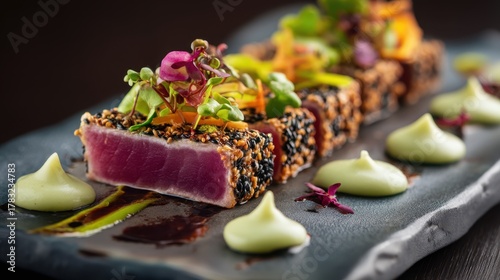 Seared tuna tataki with sesame crust and avocado cream on elegant plate