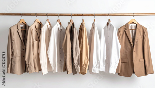 Men's Shirts and Jackets Hanging in the Wardrobe Isolated on White Background