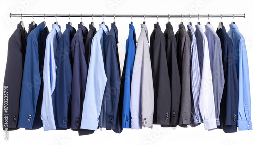 Men's Shirts and Jackets Hanging in the Wardrobe Isolated on White Background