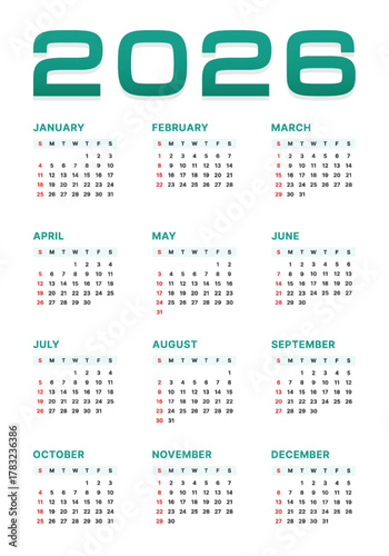 Vector 2026 Year Calendar Printable Template