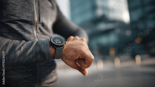 Close-up of man checking smartwatch stats after workout, urban background.