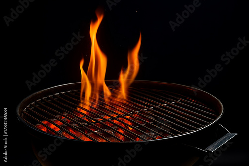 Vibrant flames dance over hot coals on a ready to use grill, evoking summer parties and delicious outdoor cooking moments.