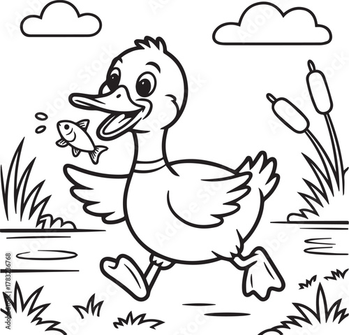 Outlined cartoon duck is running excitedly with a little fish in its beak near clouds,  kids, coloring page, book, printable, easy, coloring, pages