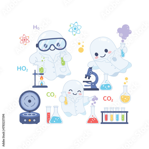 Cute cartoon ghosts in lab coats conducting science experiments with beakers and microscopes under bright lighting