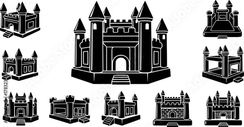 Inflatable castle isolated black set icon. Vector illustration trampoline on white background. 