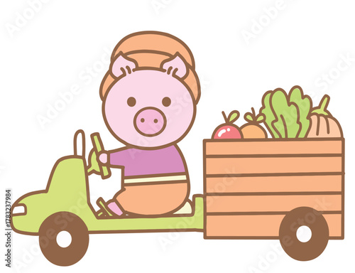 Little pig is driving a crop transport truck.