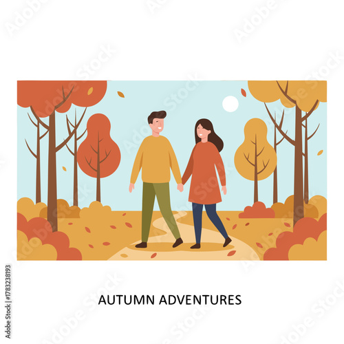 Couple Walking Hand In Hand Through An Autumn Park With Colorful Trees And Fallen Leaves Under A Bright Sky