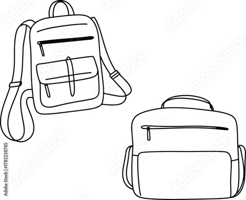Backpack cad drawing flat vector illustration, front and side view, zippered pockets, shoulder straps, technical fashion sketch, travel gear design