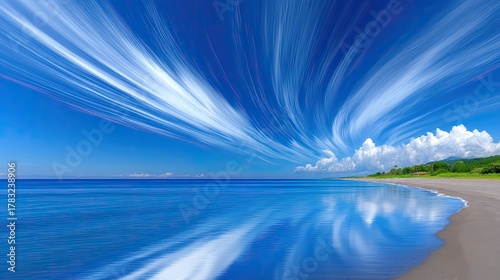 Vast Blue Ocean Horizon Under Streaky White Clouds in a Coastal Landscape with Dark Sand Beach and Reflective Water