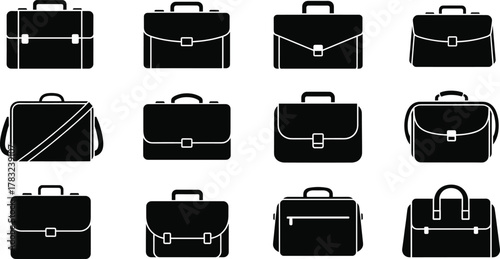 Briefcase and bag icons, black silhouette vector, travel luggage, office bags, professional styles, minimal design, business accessories, modern shapes, flat illustration