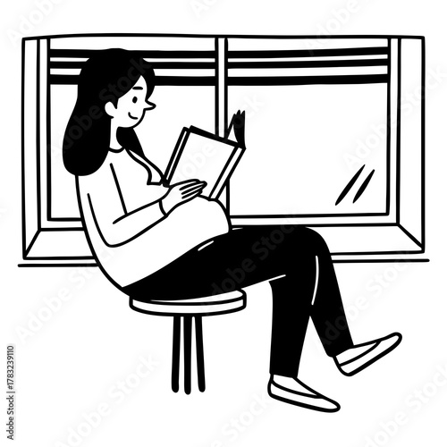 A pregnant woman sitting on a stool and reading a book. minimal line art vector illustration