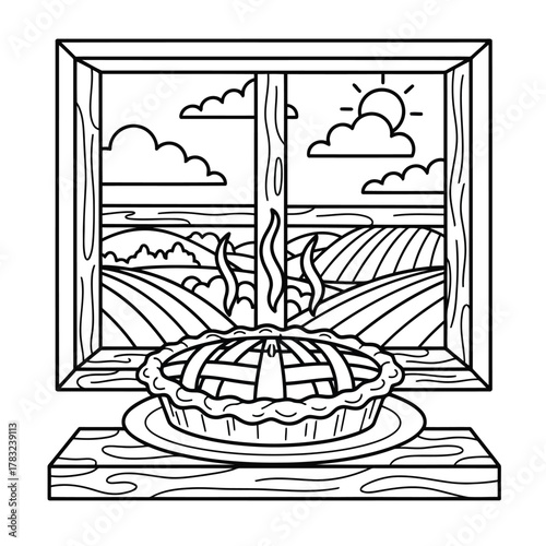 Warm apple pie on window ledge scenic farm field view vector illustration vector