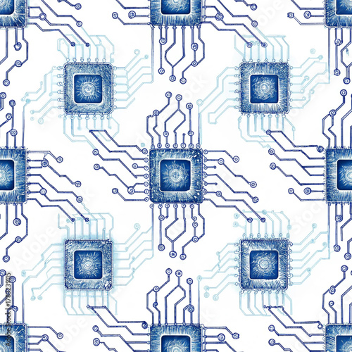 A dramatic, close-up abstract illustration of a CPU or microchip. The processor's surface is illuminated by a brilliant, concentric fingerprint pattern in glowing blue light, set against a dark