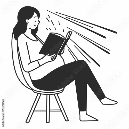 A pregnant woman sitting on a stool and reading a book. minimal line art vector illustration