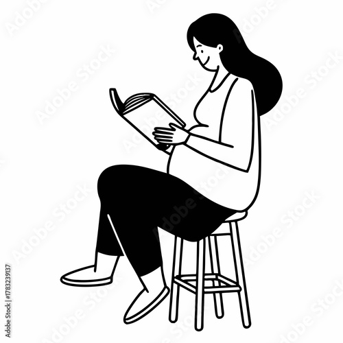 A pregnant woman sitting on a stool and reading a book. minimal line art vector illustration