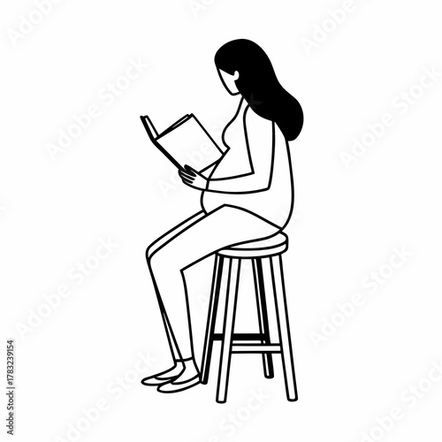 A pregnant woman sitting on a stool and reading a book. minimal line art vector illustration