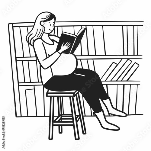 A pregnant woman sitting on a stool and reading a book. minimal line art vector illustration