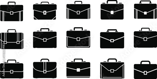 Briefcase icon collection, black silhouette vector, office bags, travel luggage, professional styles, minimal design, business accessories, flat illustration, modern shapes