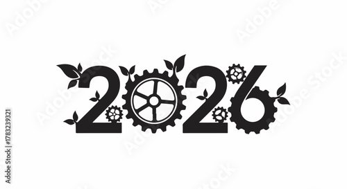 Innovative future year 2026 represented by stylized gears and leaves