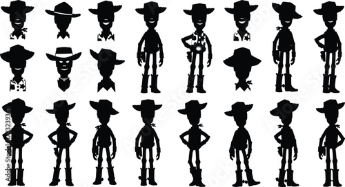 Cowboy silhouette collection, black vector icons, western outfits, hat styles, boots, bandanas, rodeo theme, wild west design, flat illustration, character poses