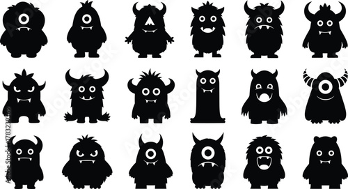Cartoon monster silhouettes, black vector creatures, spooky icons, fantasy beasts, horned figures, scary expressions, kids illustration, Halloween design, character set, outline style